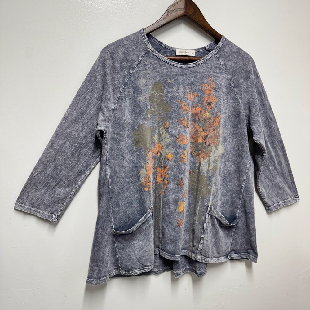 Jess & Jane M Acid Wash Floral Tunic Top Made USA Earthy Artsy Boho 90’s Cotton - Picture 2 of 13